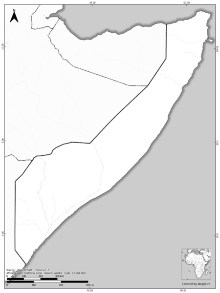 Blank black and white map of Somalia with borders and no labels.