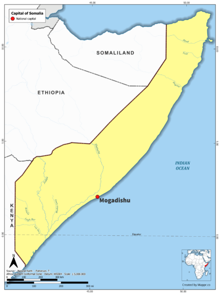 Map highlighting Mogadishu, the capital of Somalia, with country borders, in color.