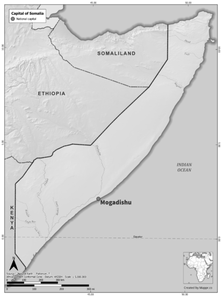 Black and white map of Somalia highlighting Mogadishu as the capital, with neighboring countries.