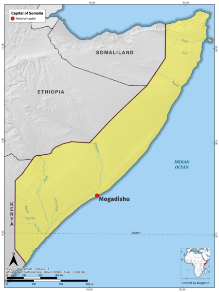 Map highlighting Mogadishu, the capital of Somalia, with surrounding countries and geographical features, in color.