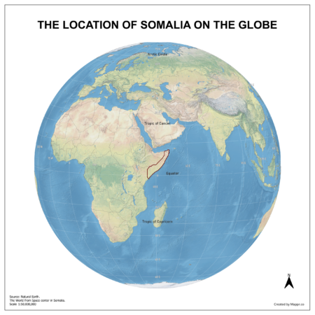 Map showing Somalia's location on a globe, highlighted in red on the African continent.