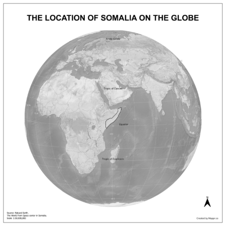 Map showing Somalia's location on a globe, highlighted in red on the African continent.