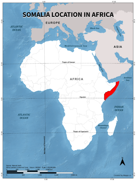 Somalia location on world map, color version.