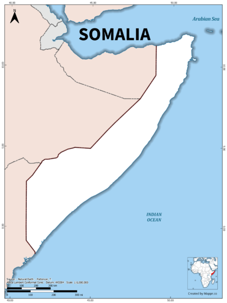 Outline map of Somalia with country borders in color.