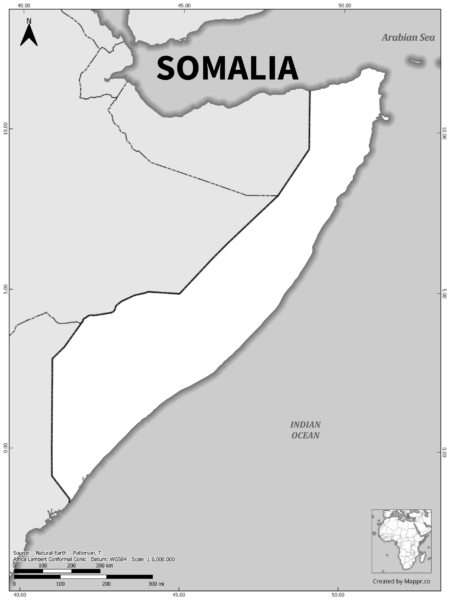 Black and white outline map of Somalia, showing the country's borders.