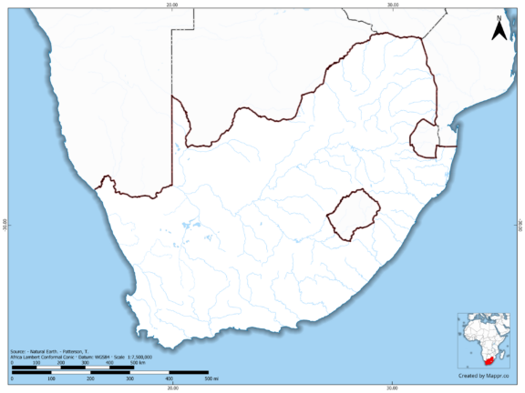 Blank map of South Africa showing borders and no labels, in color.