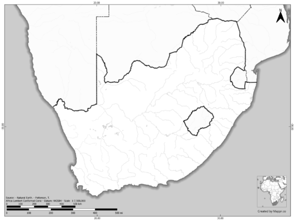 Blank black and white map of South Africa with borders and no labels.