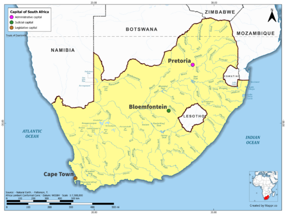 Map highlighting Pretoria, Cape Town, Bloemfontein, the capital of South Africa, with country borders, in color.