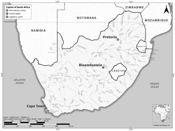 Black and white map highlighting Pretoria, Cape Town, Bloemfontein, the capital of South Africa.
