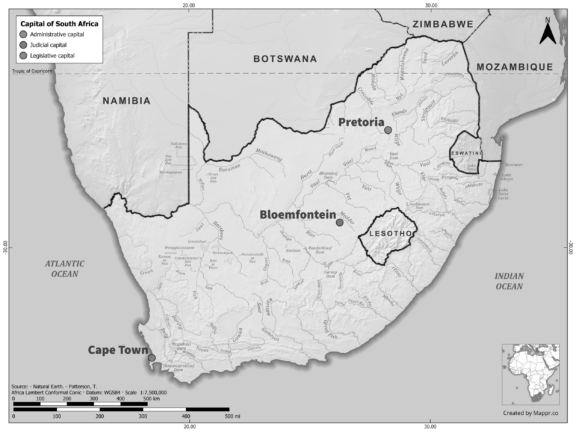 Black and white map of South Africa highlighting Pretoria, Cape Town, Bloemfontein as the capital, with neighboring countries.