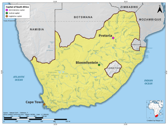 Map highlighting Pretoria, Cape Town, Bloemfontein, the capital of South Africa, with surrounding countries and geographical features, in color.