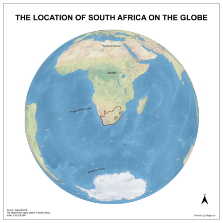 Map showing South Africa's location on a globe, highlighted in red on the African continent.