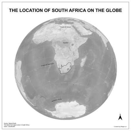 Map showing South Africa's location on a globe, highlighted in red on the African continent.