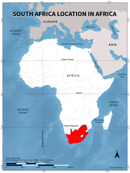 South Africa location on world map, color version.