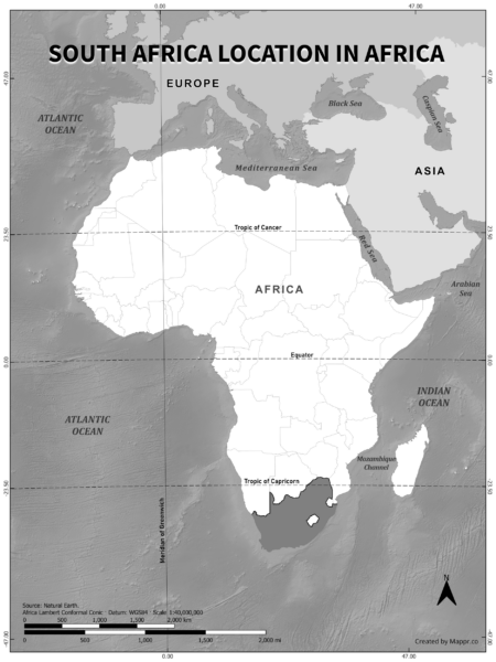 South Africa location on world map, black and white version.