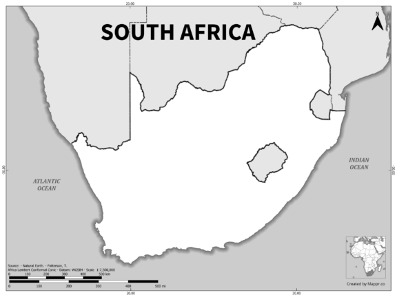 Black and white outline map of South Africa, showing the country's borders.