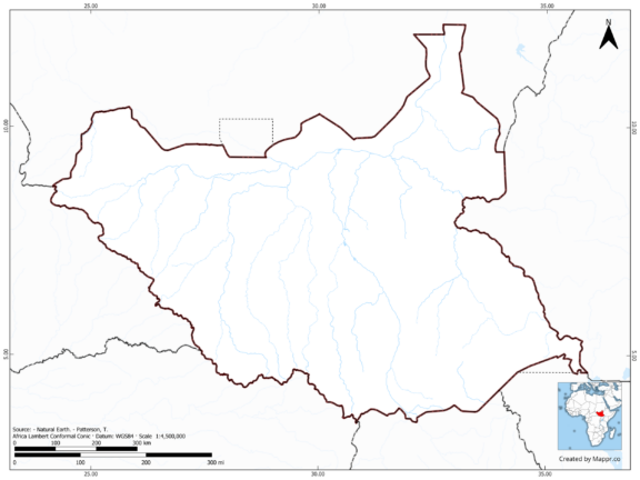 Blank map of South Sudan showing borders and no labels, in color.