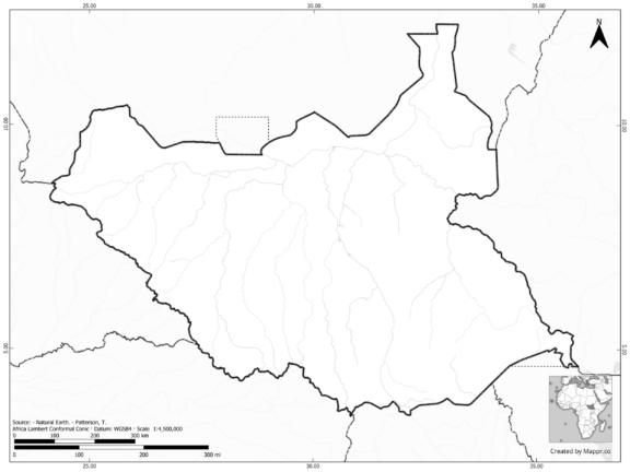 Blank black and white map of South Sudan with borders and no labels.