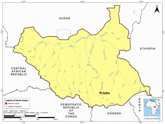 Map highlighting Juba, the capital of South Sudan, with country borders, in color.