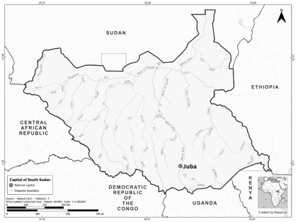 Black and white map highlighting Juba, the capital of South Sudan.