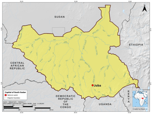 Map highlighting Juba, the capital of South Sudan, with surrounding countries and geographical features, in color.