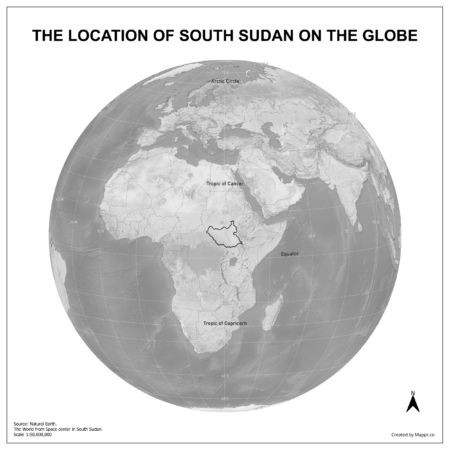 Map showing South Sudan's location on a globe, highlighted in red on the African continent.