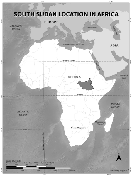 South Sudan location on world map, black and white version.