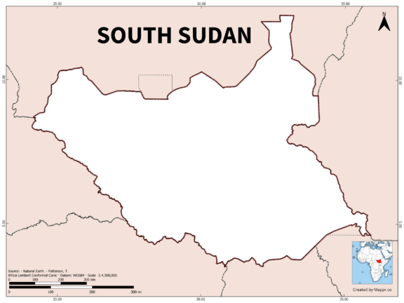 Outline map of South Sudan with country borders in color.