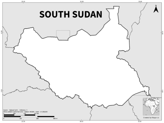 Black and white outline map of South Sudan, showing the country's borders.