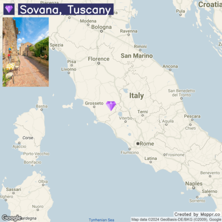 An image featuring a map with the location of Sovana in Tuscany, Italy, marked by a purple diamond-shaped pin. The inset in the top left corner shows a picturesque street view of Sovana, with traditional stone buildings and a cobblestone street.