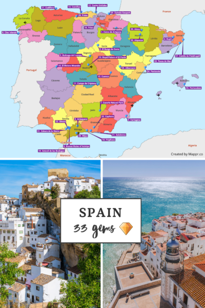 An image combining a colorful map of Spain highlighting 33 special locations, each marked with a number and name, and four photographs showcasing scenic views of Spanish landscapes and architecture. The central text reads "SPAIN 33 gems" with a diamond icon. The map is credited to Mapprr.co.