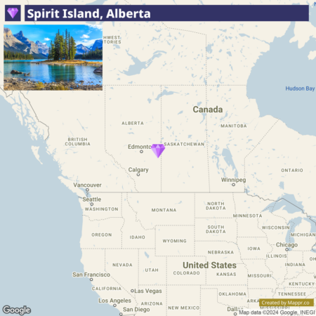 An annotated map highlighting Spirit Island's location in Alberta, Canada, with a scenic photo of the island in the upper part, and the surrounding region including parts of the United States and Canada displayed below.