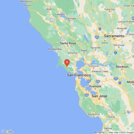 A Google Maps screenshot showing the San Francisco Bay Area with a red pin marking San Francisco's location.