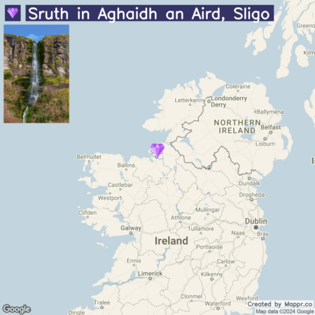 Image of a Google map showing the location of Sruth in Aghaidh an Aird, a waterfall in Sligo, Ireland, with an inset photo of the waterfall at the top left corner.