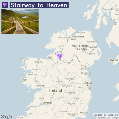 A split-image with the top half showing a wooden boardwalk extending into a picturesque landscape of green hills and a clear sky, labeled "Stairway to Heaven," and the bottom half displaying a map of Ireland highlighting the location with a purple map pin.