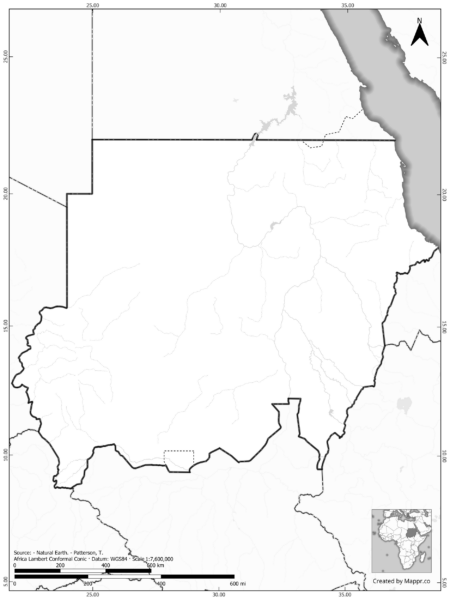 Blank black and white map of Sudan with borders and no labels.