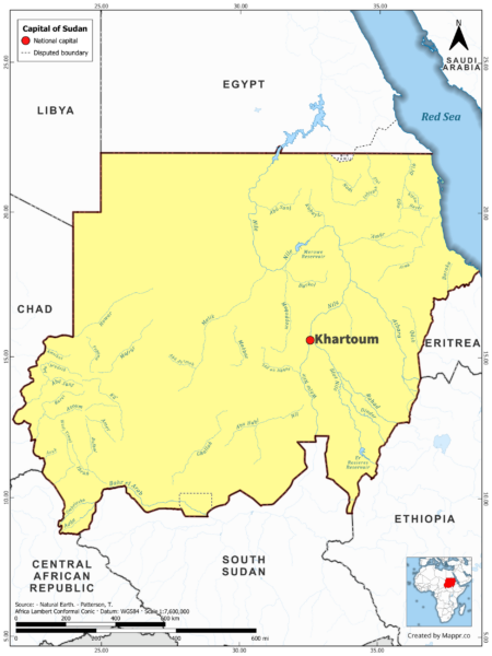 Map highlighting Khartoum, the capital of Sudan, with country borders, in color.