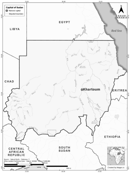 Black and white map highlighting Khartoum, the capital of Sudan.