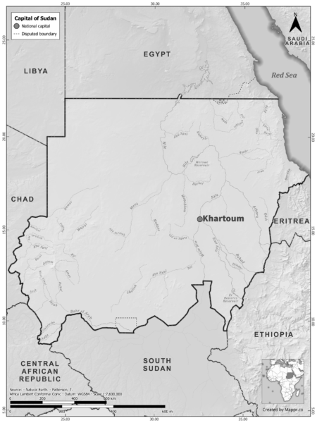 Black and white map of Sudan highlighting Khartoum as the capital, with neighboring countries.