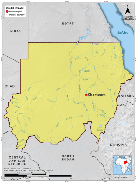 Map highlighting Khartoum, the capital of Sudan, with surrounding countries and geographical features, in color.