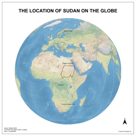 Map showing Sudan's location on a globe, highlighted in red on the African continent.