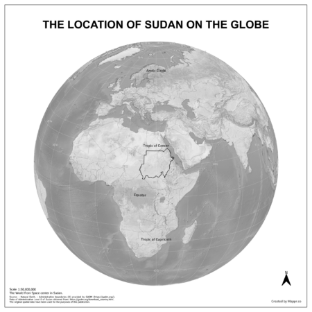 Map showing Sudan's location on a globe, highlighted in red on the African continent.