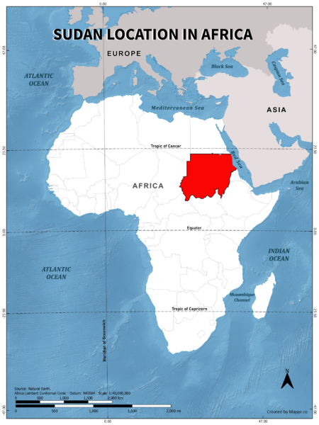 Sudan location on world map, color version.