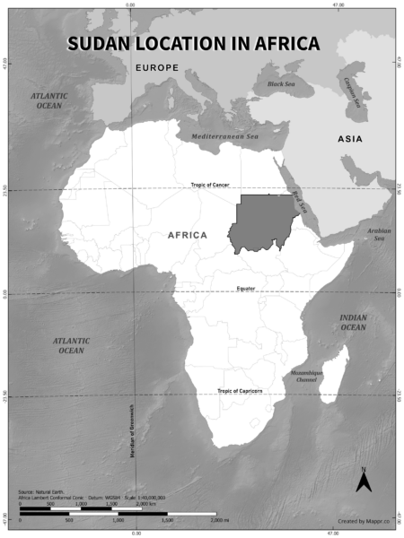 Sudan location on world map, black and white version.