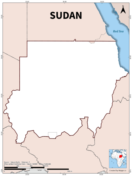 Outline map of Sudan with country borders in color.