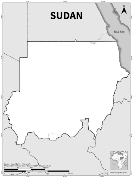 Black and white outline map of Sudan, showing the country's borders.