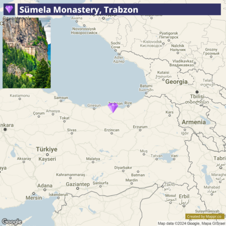 A map highlighting the location of Sumela Monastery in Trabzon, Turkey, with an inset image in the upper left showing the actual monastery built into a cliff surrounded by lush greenery.