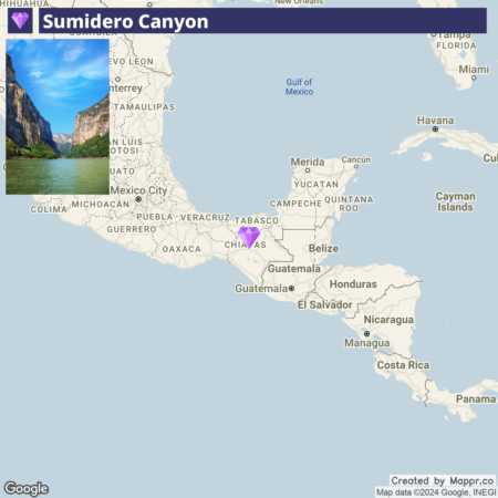 An image featuring a map of southeastern Mexico and parts of Central America with an inset photo in the top left corner depicting the Sumidero Canyon. The map highlights Mexican states such as Chiapas, where the canyon is located, and nearby countries including Belize and Guatemala. The inset photo shows a view of the steep, rocky cliffs of the canyon with a river at the bottom.