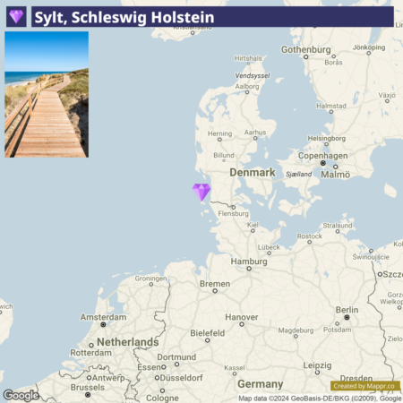 A map highlighting the location of Sylt in Schleswig Holstein, with an inset image in the upper left showing a wooden boardwalk by the sea.