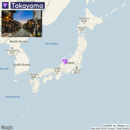 A map of Japan with a purple pin indicating a location in the central region, close to Osaka and Tokyo. To the top left, there's a photo insert of a street in Takayama during twilight, showcasing traditional architecture. Text labels on the map indicate Takayama, Sapporo, Hakodate, Osaka, Tokyo, Fukuoka, the Sea of Japan, South Korea, and North Korea. The map credit reads "Google, Map data ©2024 Google, TMap Mobility." There's also a logo at the top left corner that reads "Takayama" with an image of a house and Japanese characters.